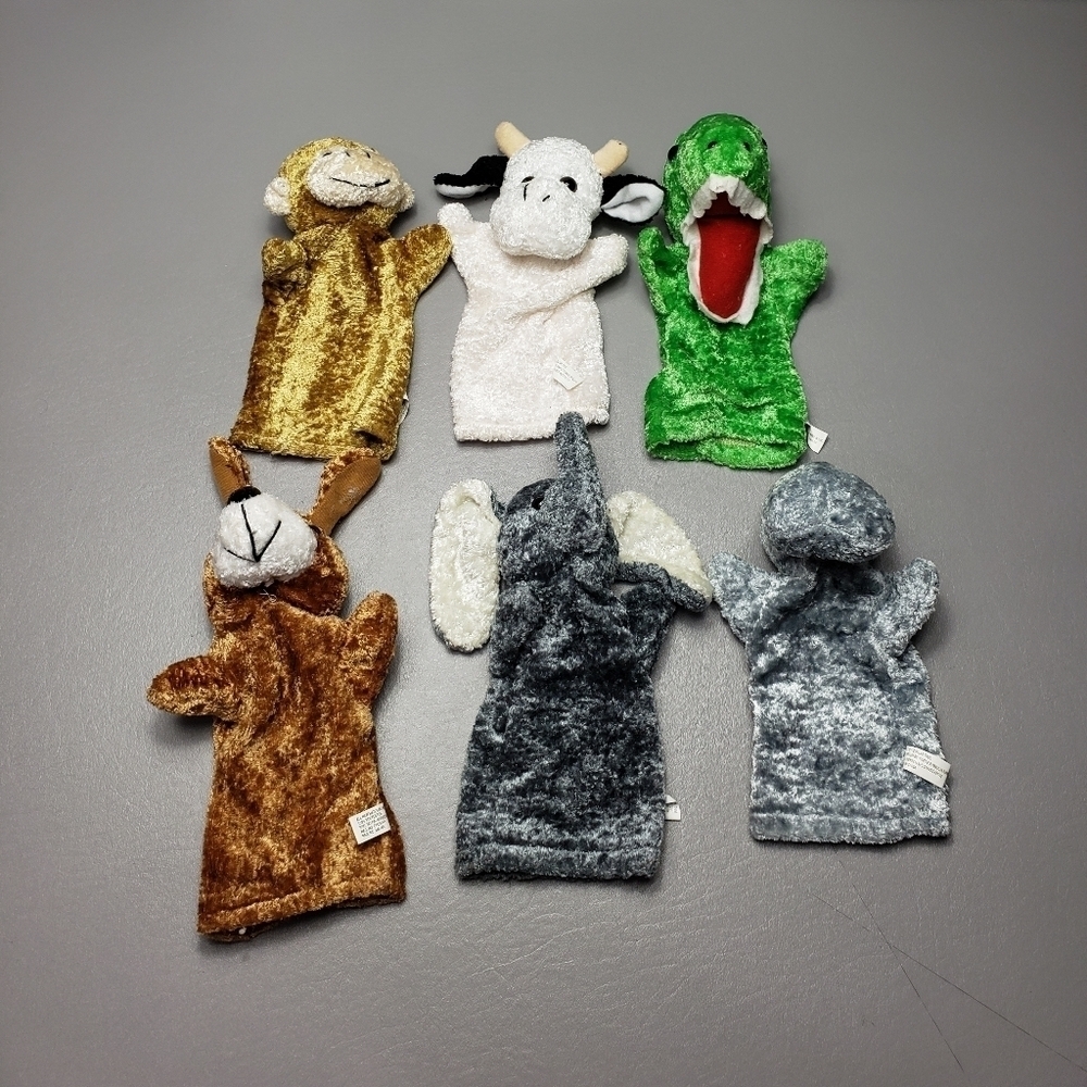 Kids hand puppets stuffed animal bundle of 6, cow, dinosaur, elephant